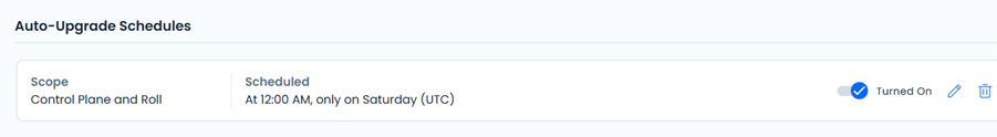 Auto-upgrade schedules screen showing a table listing configured AKS control plane patch version auto-upgrade schedules. The table includes columns for schedule time, roll status, and controls to edit or delete schedules. Visible text includes Schedule, Roll, Edit, and Delete. The wider environment is a web console with navigation tabs and filter options. The tone is neutral and informative, focusing on scheduling and managing auto-upgrades for AKS clusters.